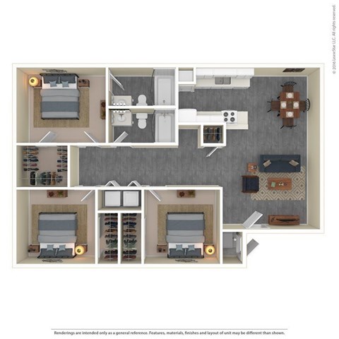 Floor plan for 3 beds, 2 baths, 998 sqft